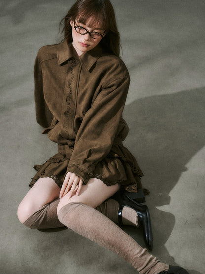 LOST FOREST - Vintage Brown Suede-Style Jacket & Skirt Set
