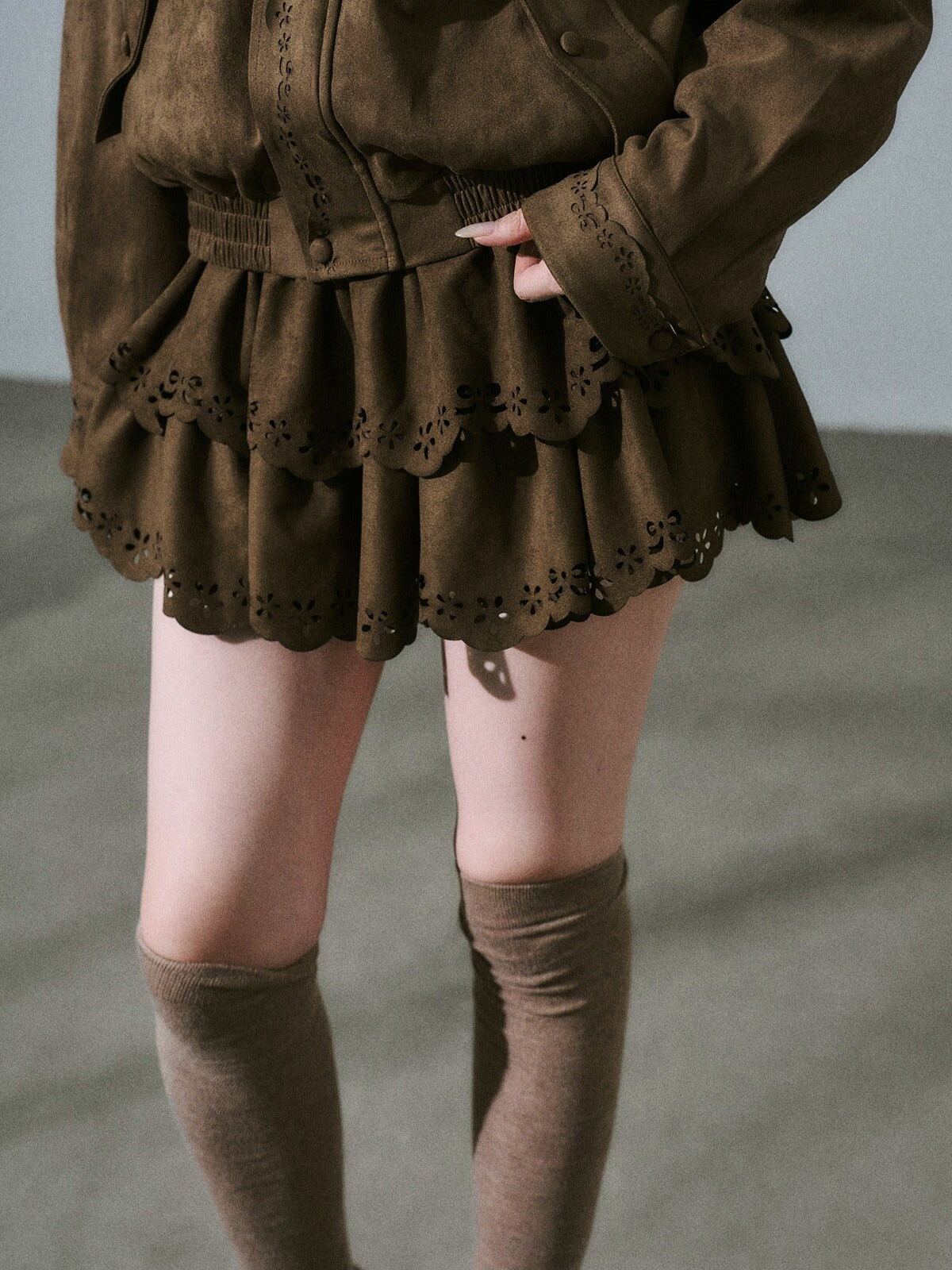 LOST FOREST - Vintage Brown Suede-Style Jacket & Skirt Set