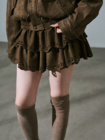 LOST FOREST - Vintage Brown Suede-Style Jacket & Skirt Set