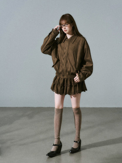 LOST FOREST - Vintage Brown Suede-Style Jacket & Skirt Set