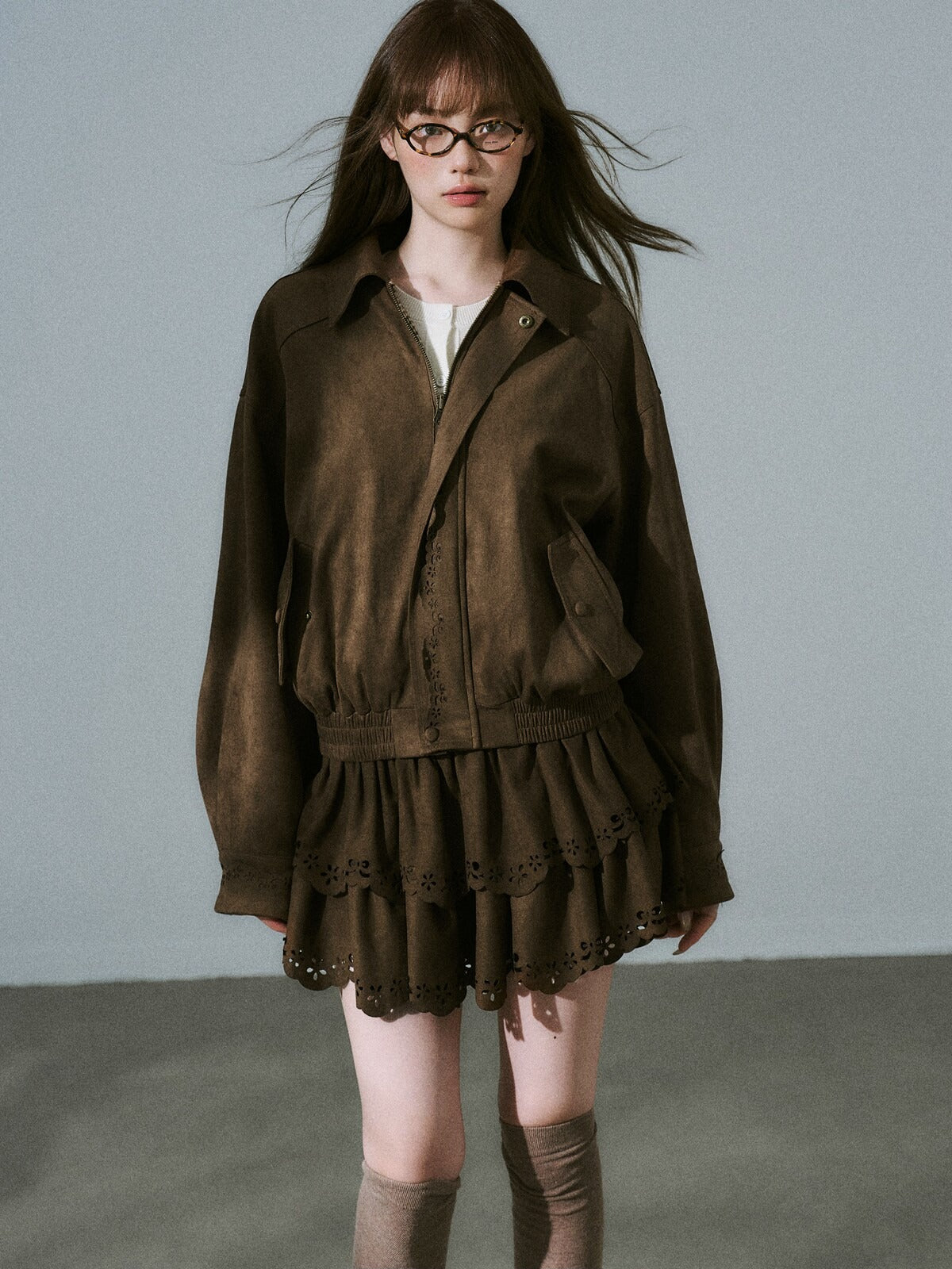 LOST FOREST - Vintage Brown Suede-Style Jacket & Skirt Set