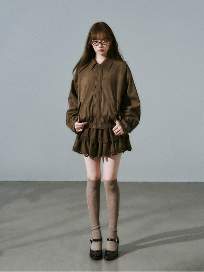 LOST FOREST - Vintage Brown Suede-Style Jacket & Skirt Set