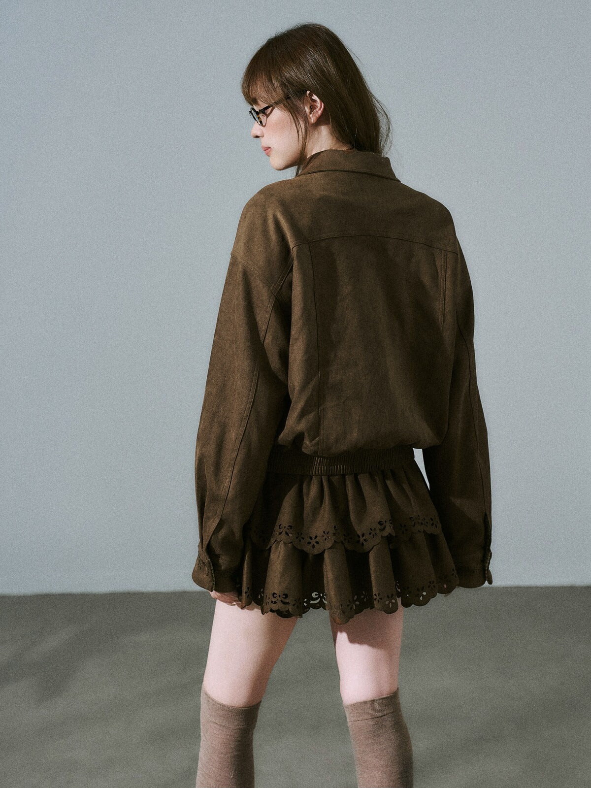LOST FOREST - Vintage Brown Suede-Style Jacket & Skirt Set