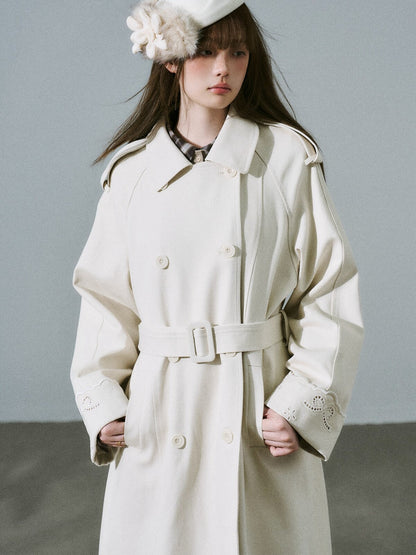 LOST FOREST - Almond Milk White Cutout Embroidered Trench Coat