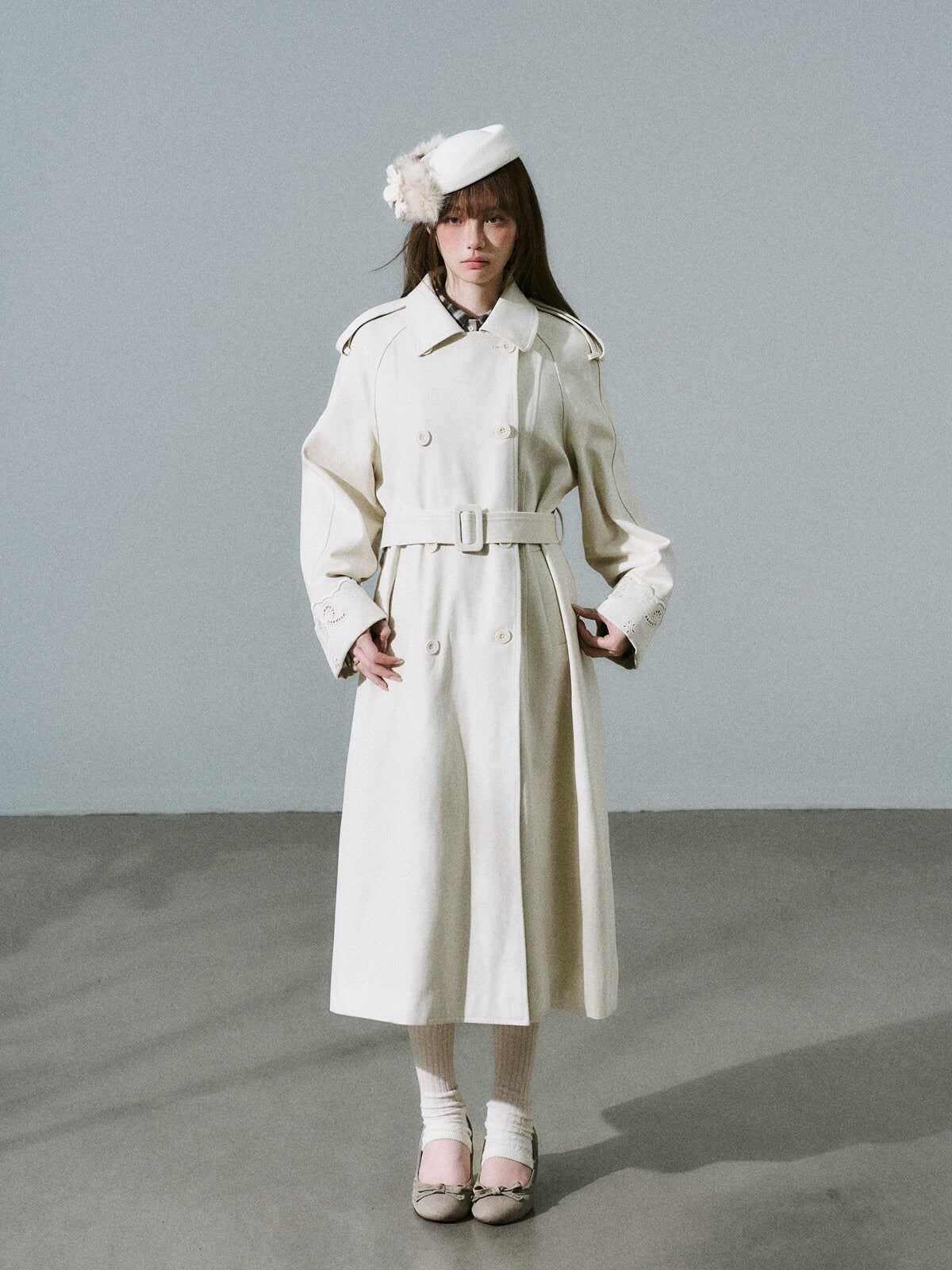 LOST FOREST - Almond Milk White Cutout Embroidered Trench Coat