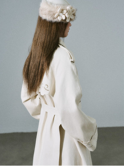 LOST FOREST - Almond Milk White Cutout Embroidered Trench Coat