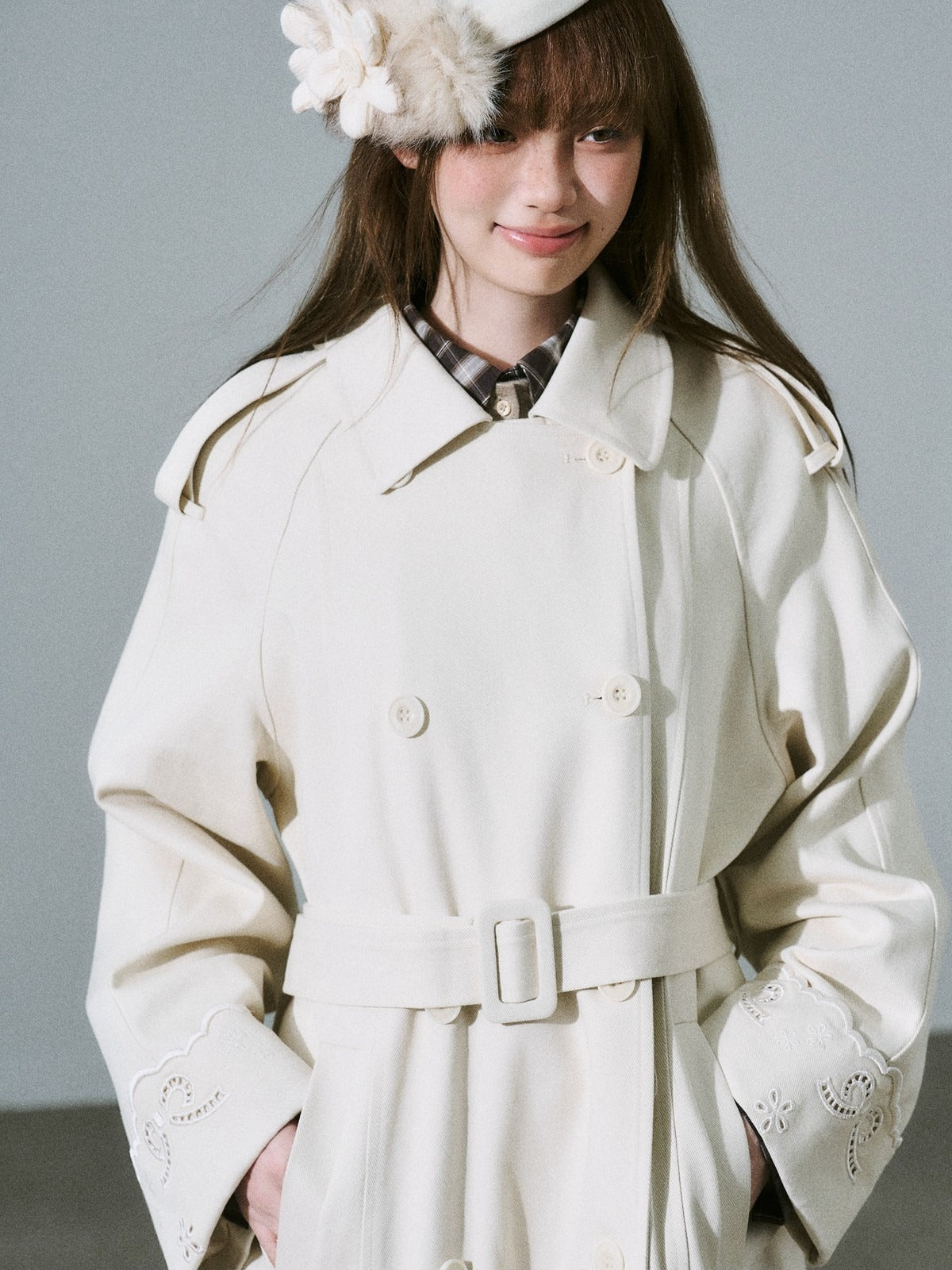 LOST FOREST - Almond Milk White Cutout Embroidered Trench Coat
