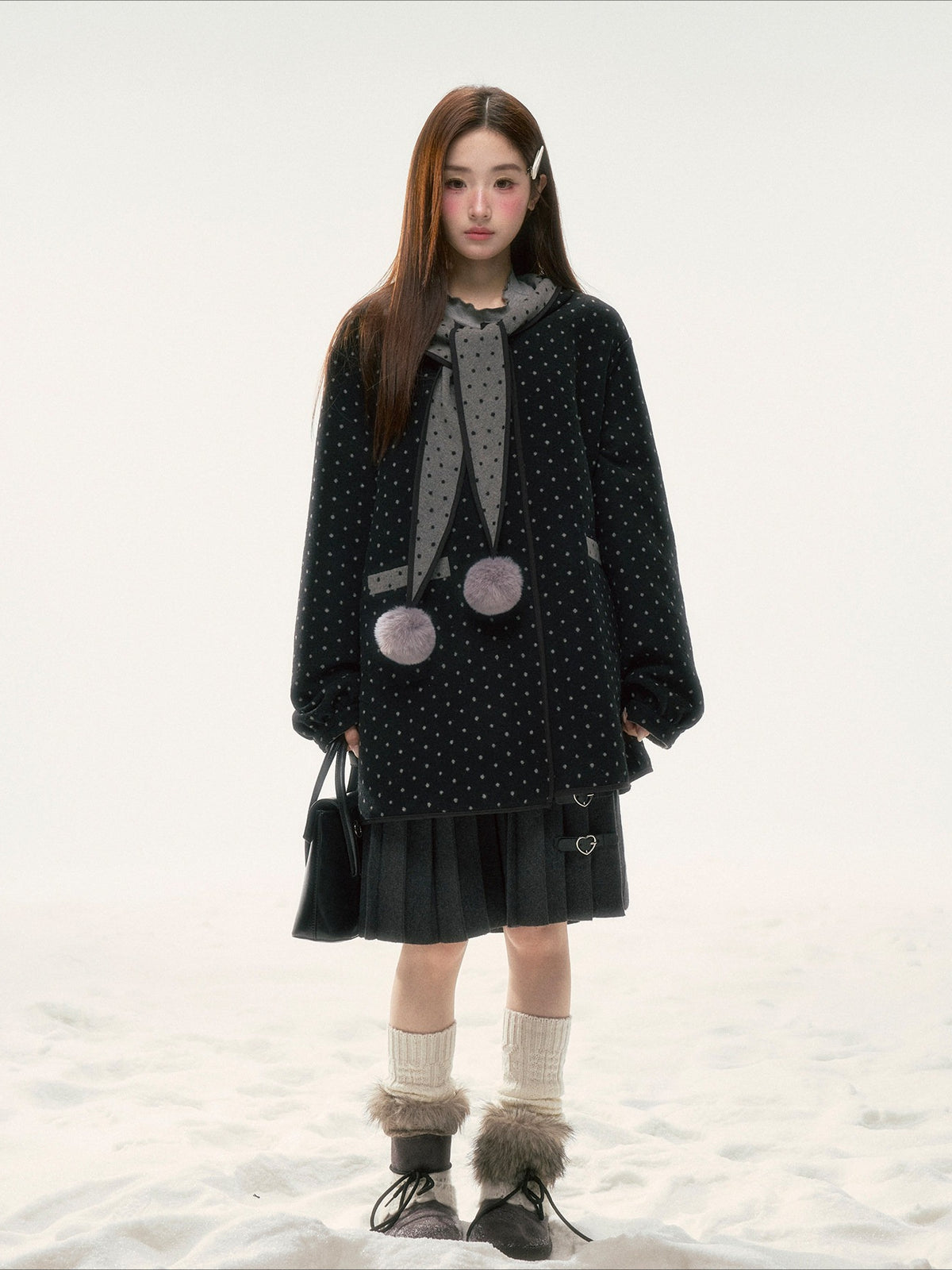 BIBIBENCY - Gray & Black Reversible Polka Dot Wool-Look Coat