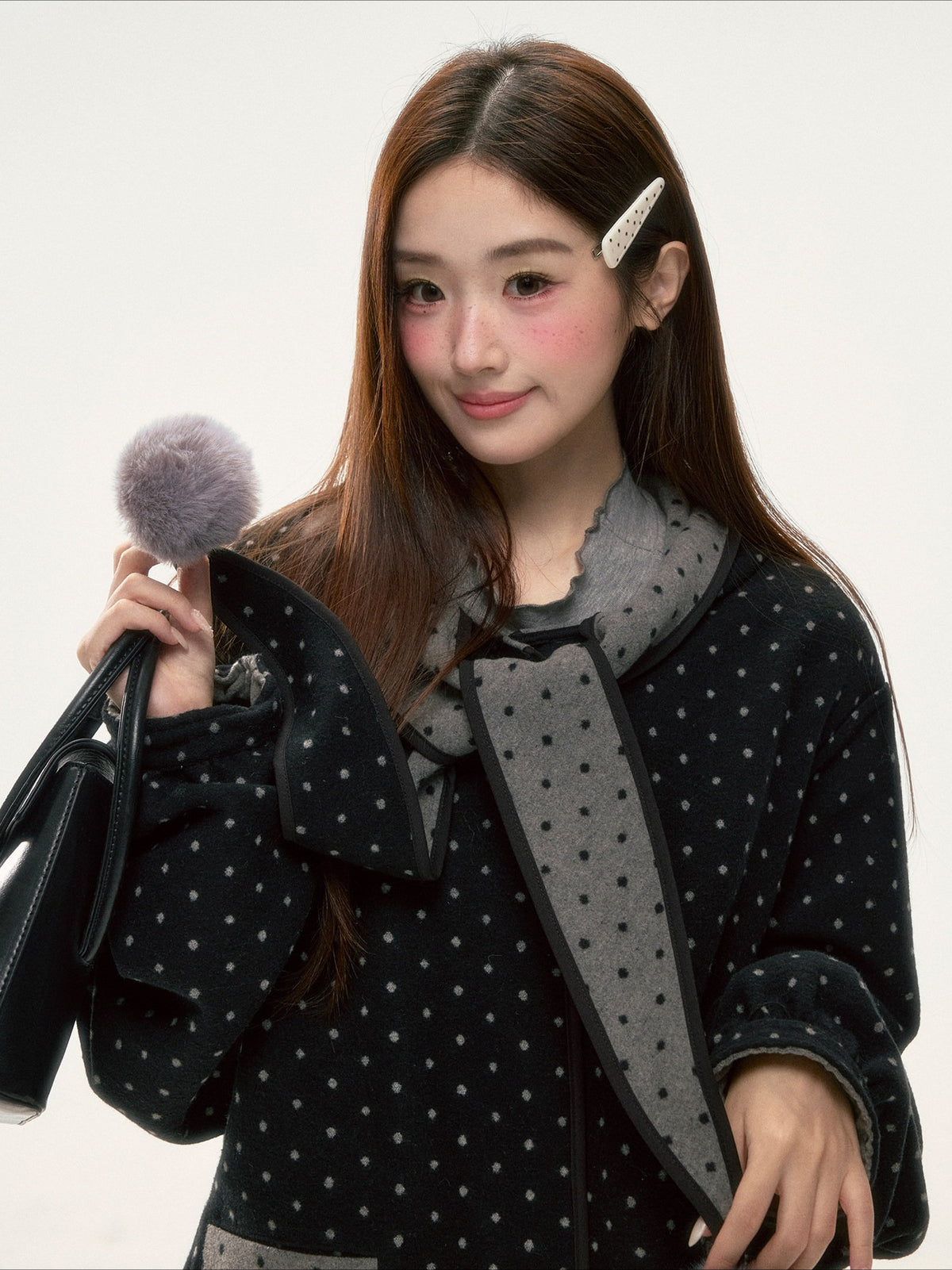 BIBIBENCY - Gray & Black Reversible Polka Dot Wool-Look Coat