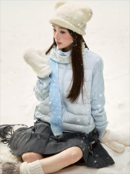 BIBIBENCY - Pale Blue Knit-Panel 90% White Duck Down Puffer Jacket (With Scarf)