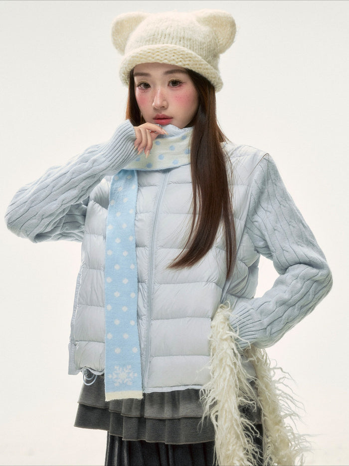 BIBIBENCY - Pale Blue Knit-Panel 90% White Duck Down Puffer Jacket (With Scarf)