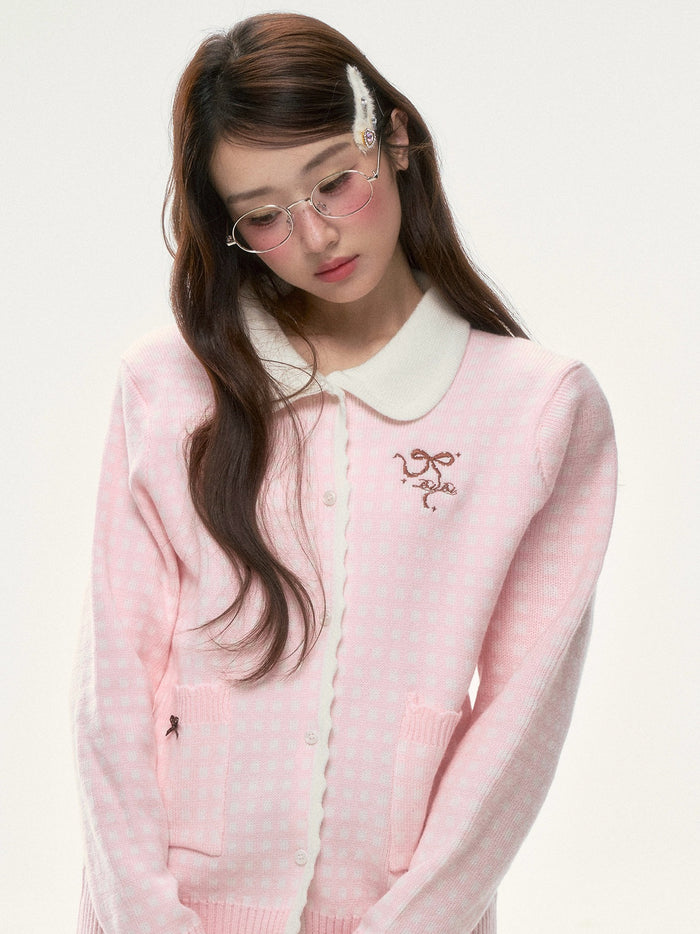 BIBIBENCY - Pink Plaid Bow Knit Sweater