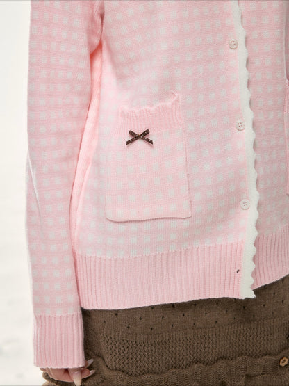 BIBIBENCY - Pink Plaid Bow Knit Sweater