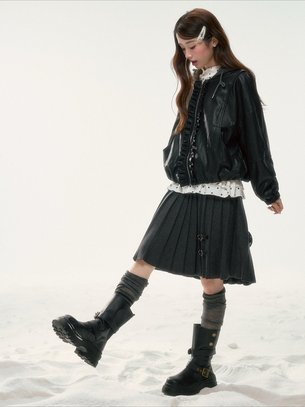 BIBIBENCY - Black Ruffle-Trim Faux Leather Jacket