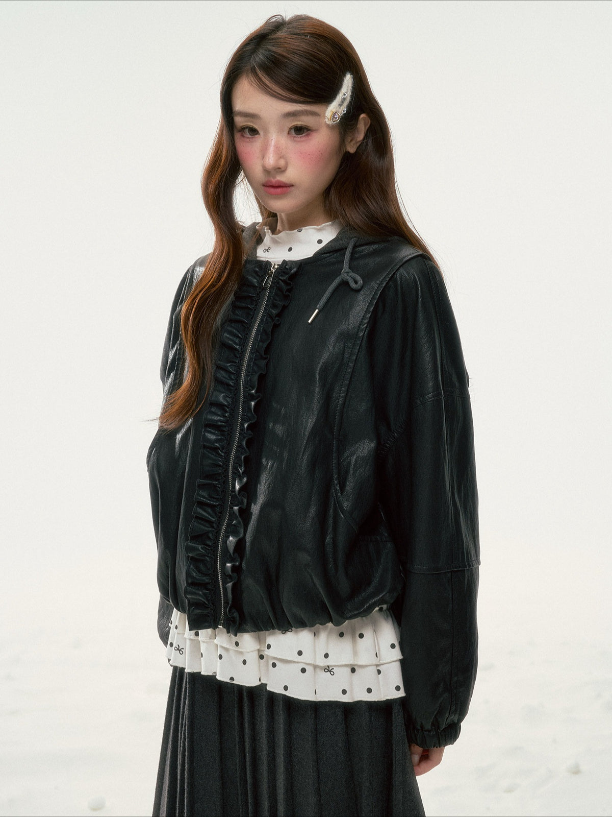 BIBIBENCY - Black Ruffle-Trim Faux Leather Jacket