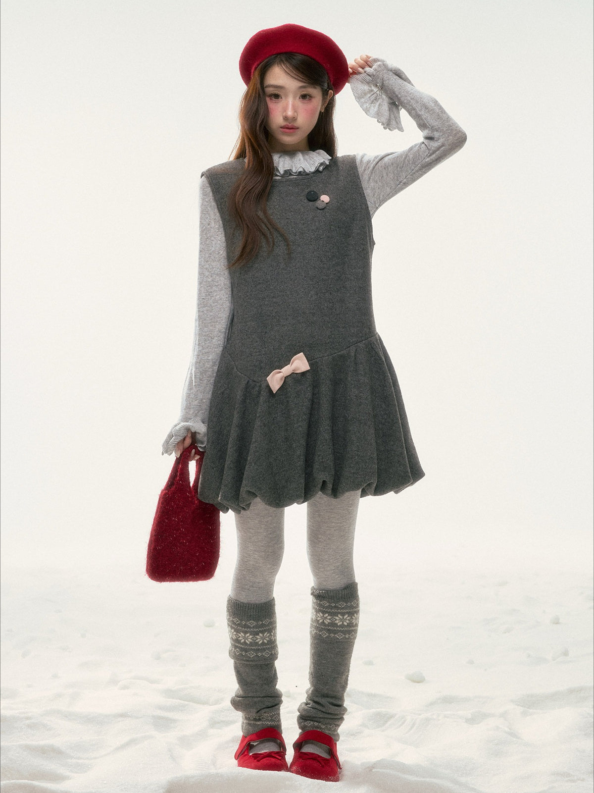 BIBIBENCY - Gray Blouson Cami Dress & Layering Top Set