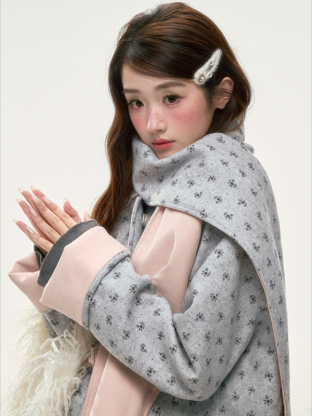 BIBIBENCY - Gray Floral Scarf-Trim Wool-Look Coat