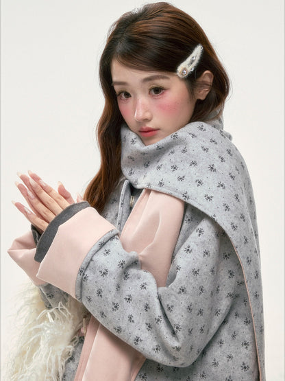 BIBIBENCY - Gray Floral Scarf-Trim Wool-Look Coat