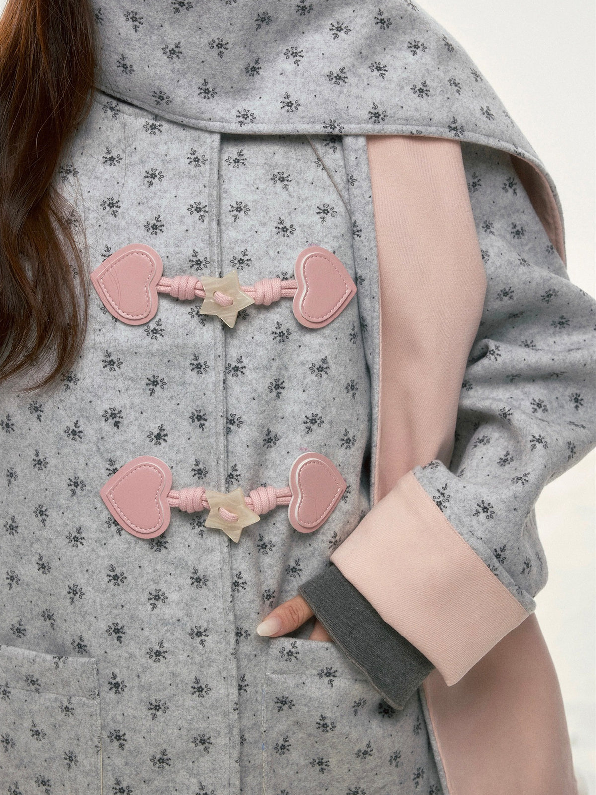 BIBIBENCY - Gray Floral Scarf-Trim Wool-Look Coat