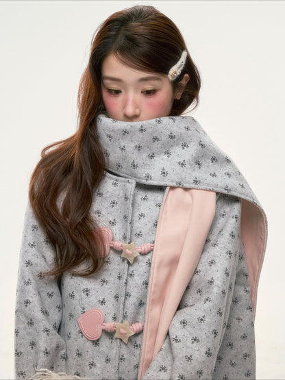 BIBIBENCY - Gray Floral Scarf-Trim Wool-Look Coat