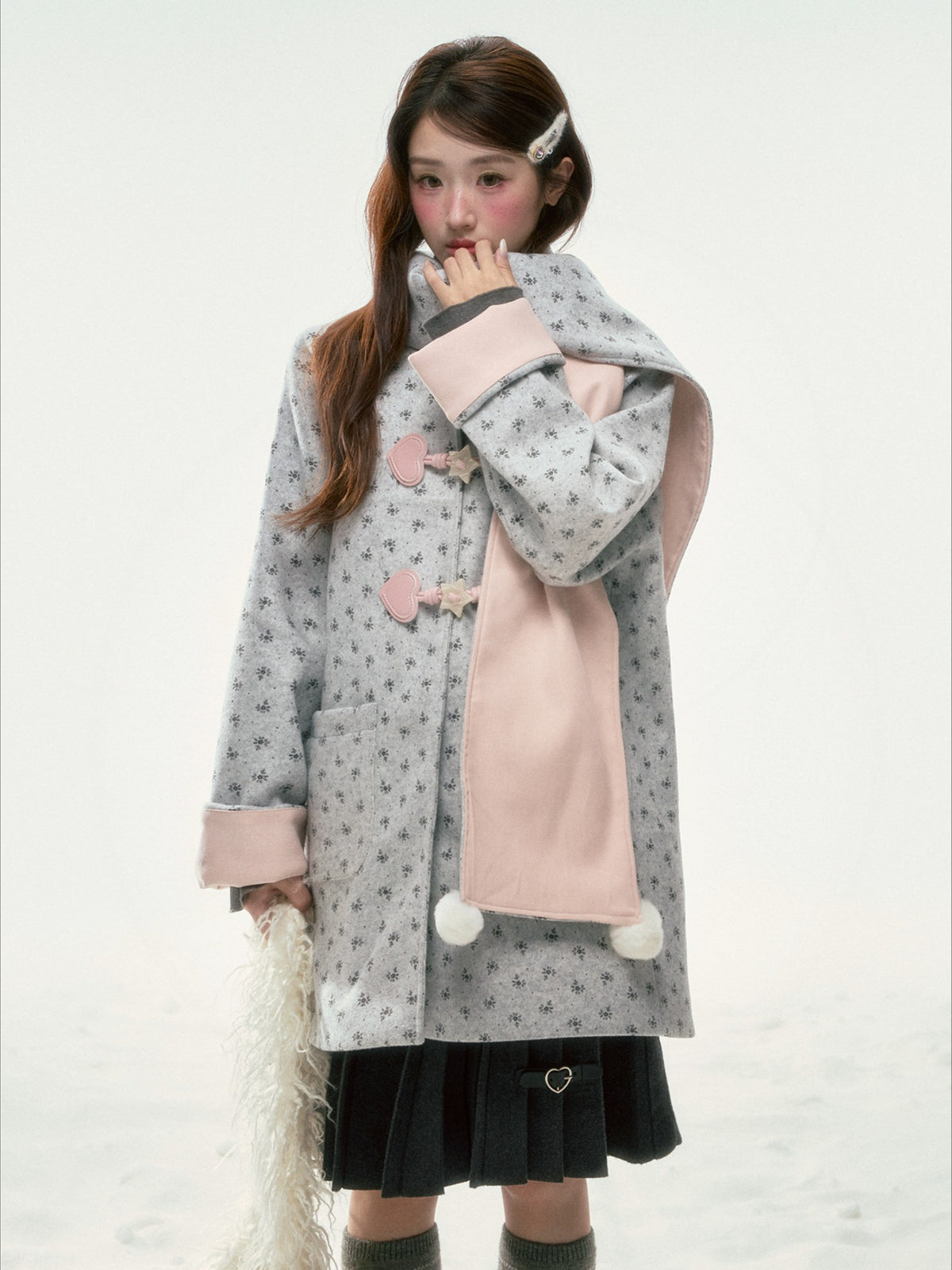 BIBIBENCY - Gray Floral Scarf-Trim Wool-Look Coat
