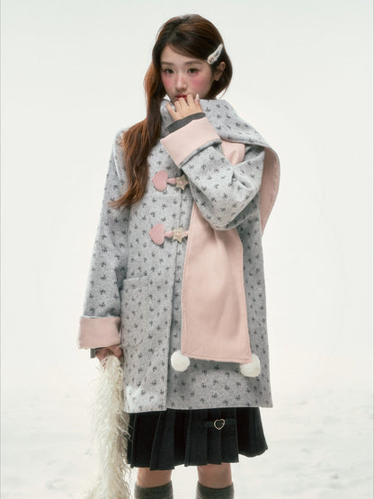 BIBIBENCY - Gray Floral Scarf-Trim Wool-Look Coat