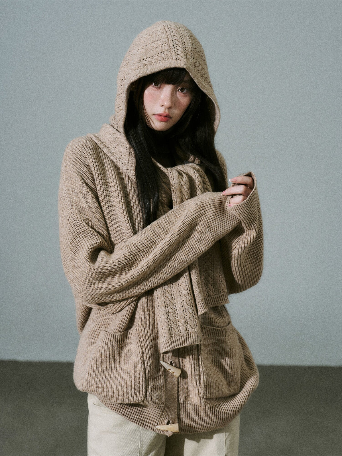 LOST FOREST - Tea Brown Wool-Blend Hooded Scarf Cardigan Set