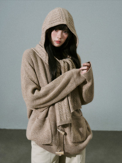 LOST FOREST - Tea Brown Wool-Blend Hooded Scarf Cardigan Set