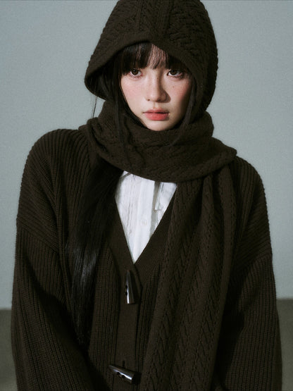 LOST FOREST - Deep Brown Wool-Blend Hooded Scarf Cardigan Set