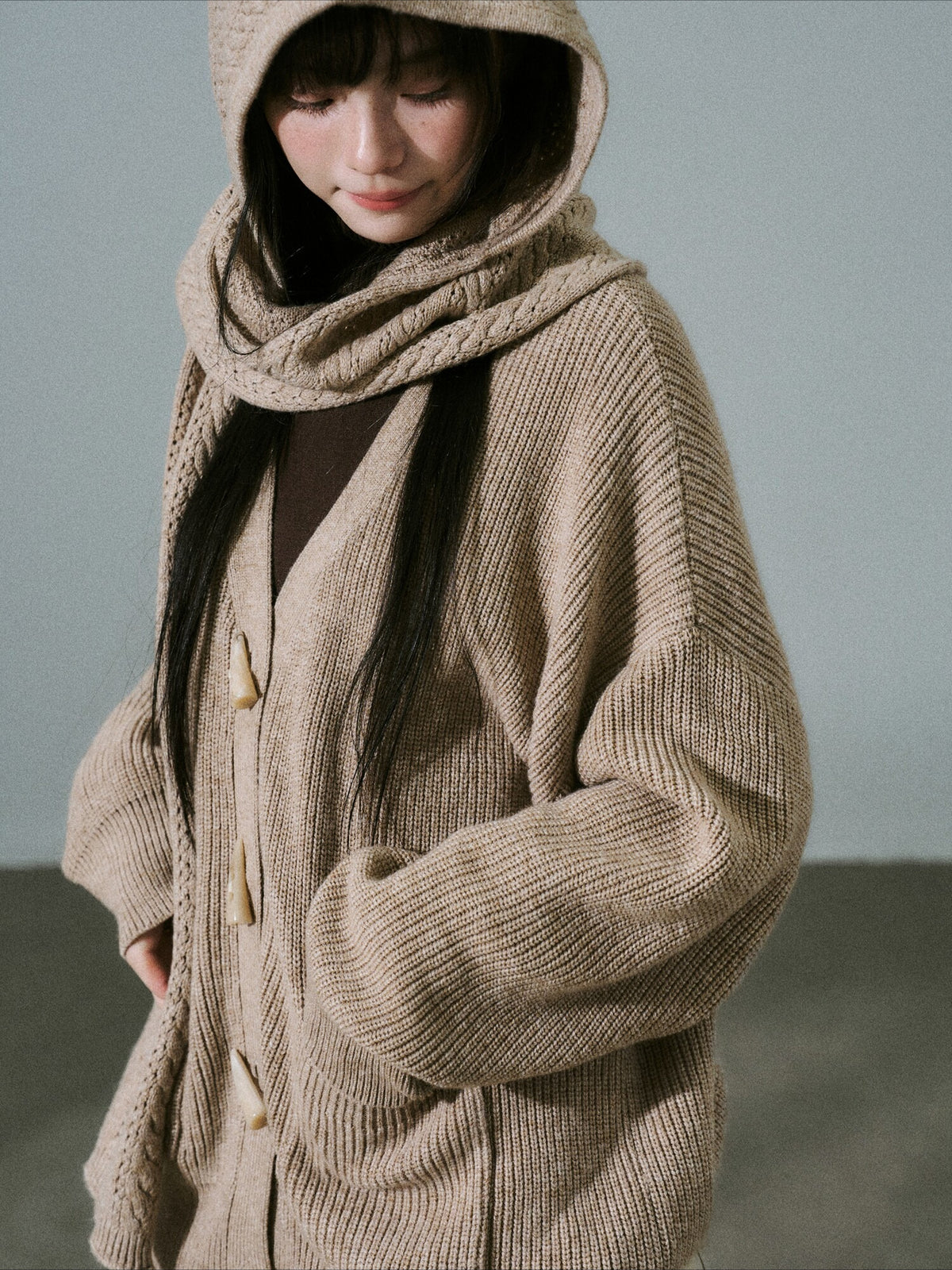 LOST FOREST - Tea Brown Wool-Blend Hooded Scarf Cardigan Set