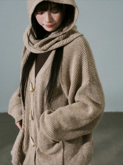 LOST FOREST - Tea Brown Wool-Blend Hooded Scarf Cardigan Set