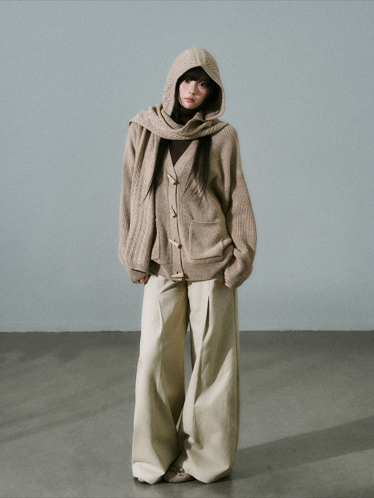 LOST FOREST - Tea Brown Wool-Blend Hooded Scarf Cardigan Set