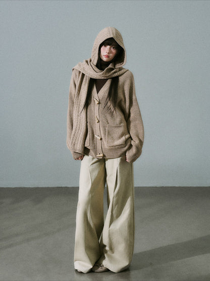 LOST FOREST - Tea Brown Wool-Blend Hooded Scarf Cardigan Set