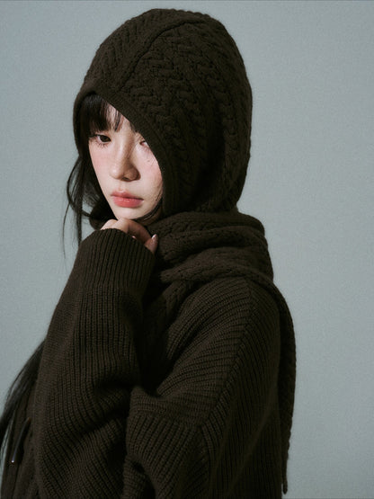 LOST FOREST - Deep Brown Wool-Blend Hooded Scarf Cardigan Set