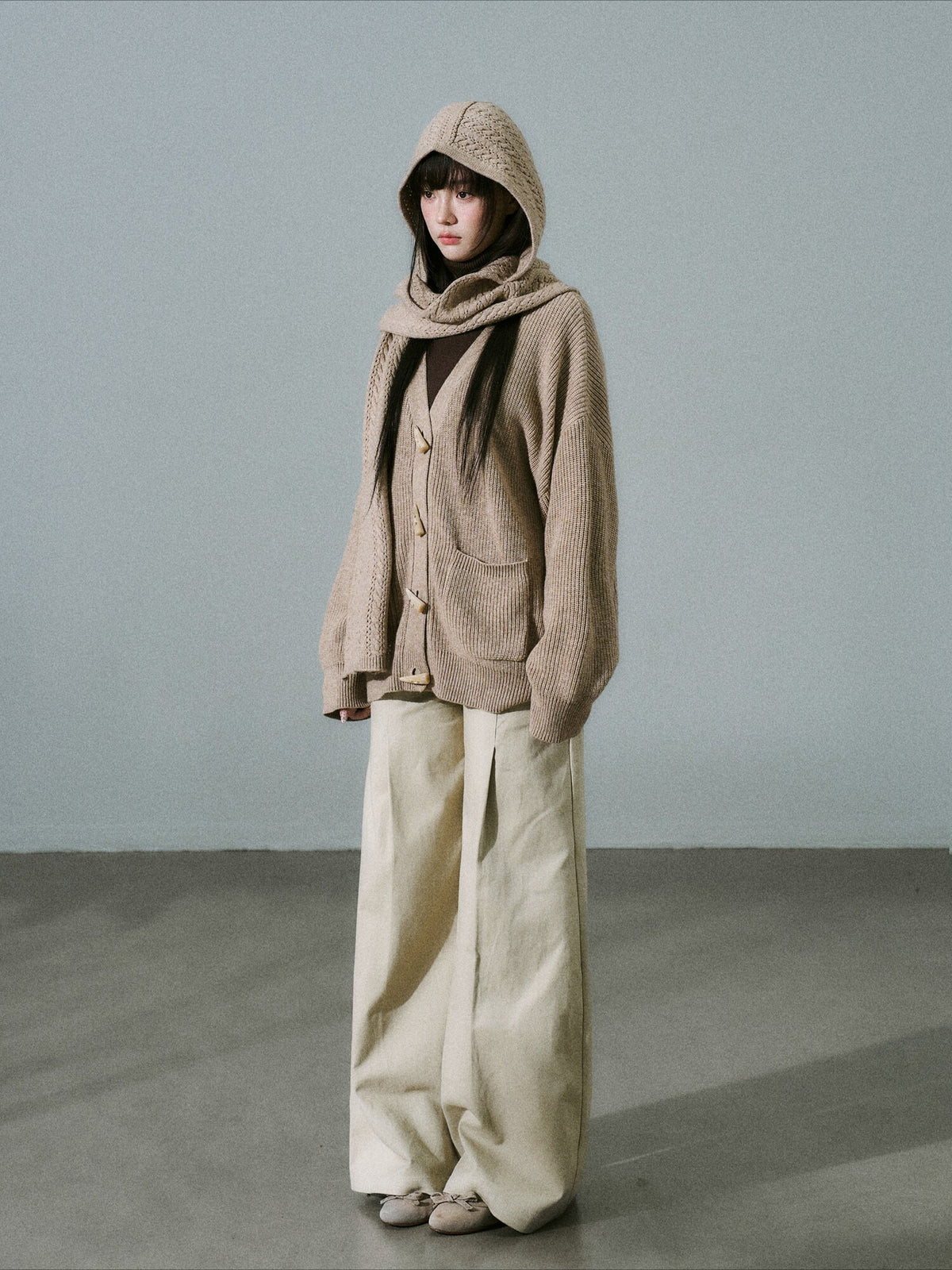 LOST FOREST - Tea Brown Wool-Blend Hooded Scarf Cardigan Set