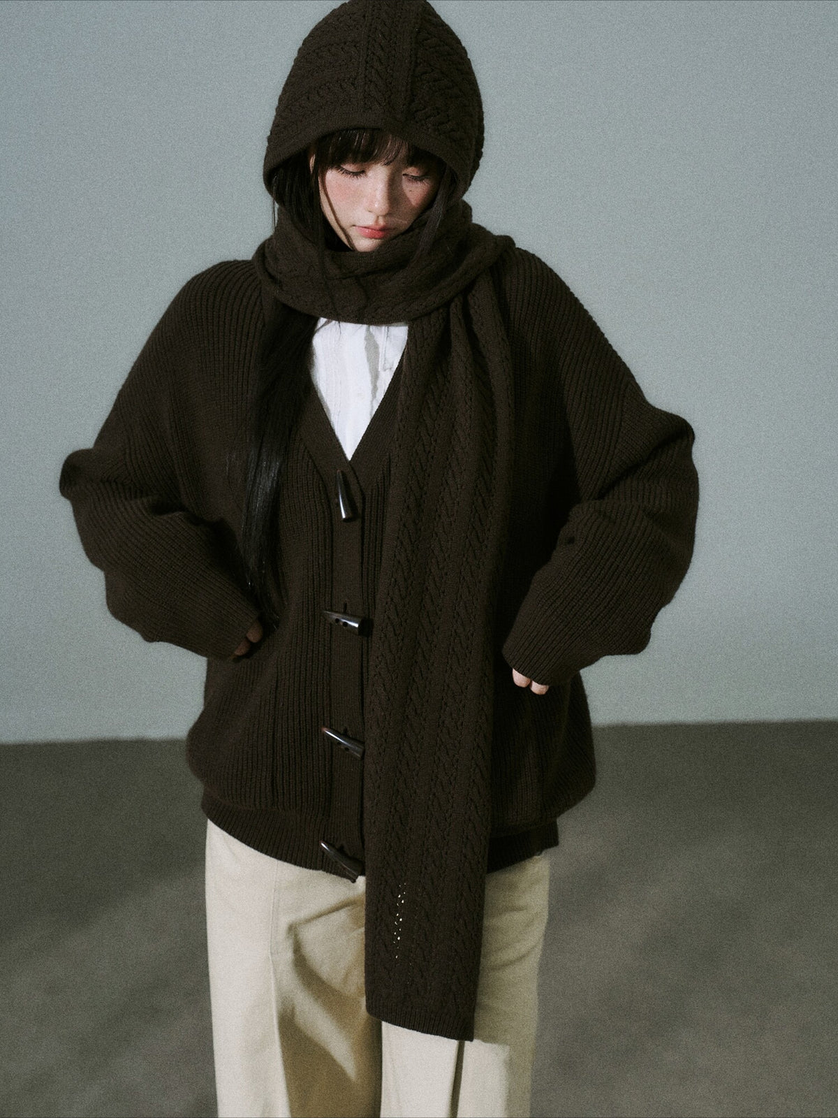 LOST FOREST - Deep Brown Wool-Blend Hooded Scarf Cardigan Set