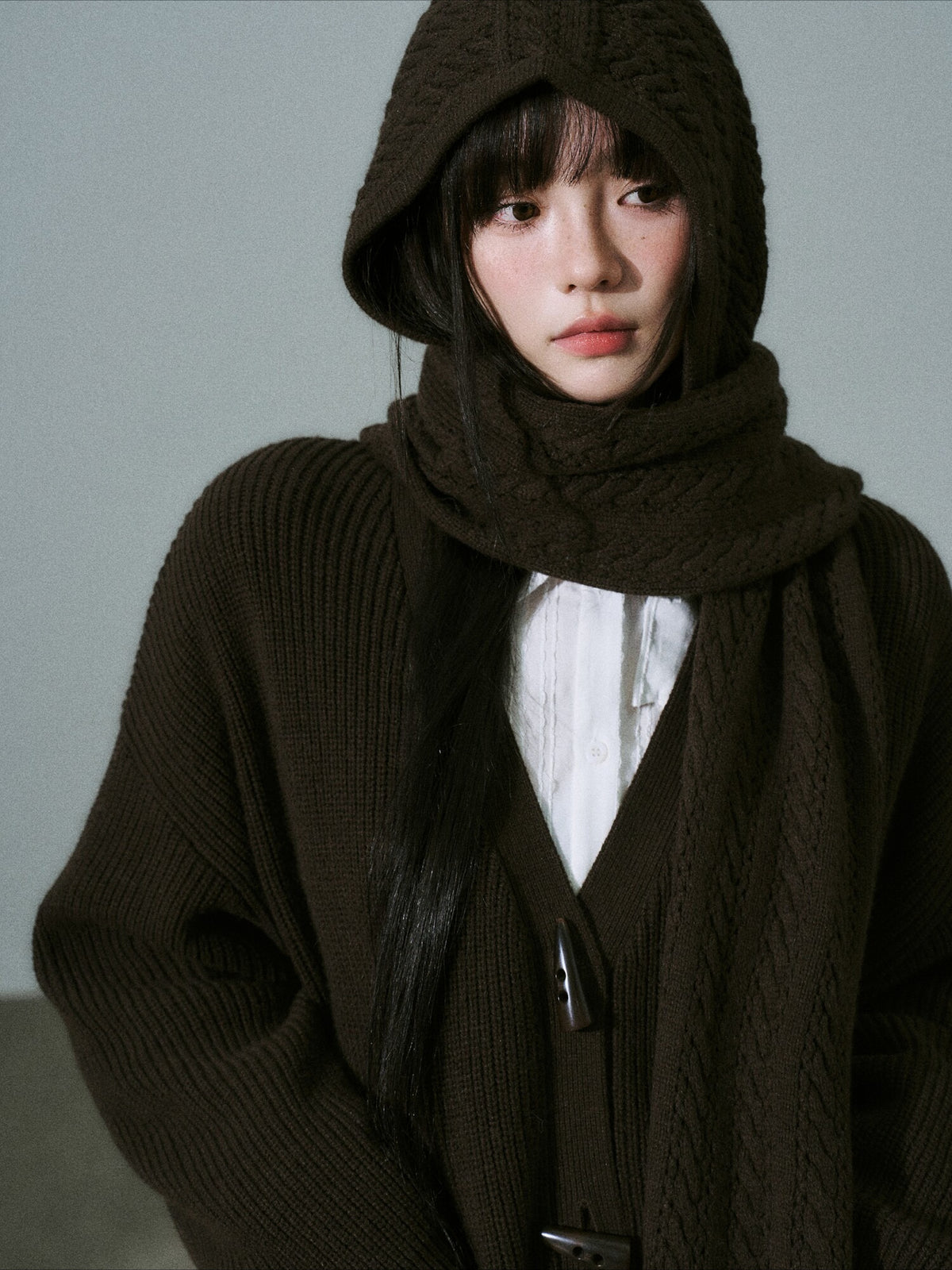 LOST FOREST - Deep Brown Wool-Blend Hooded Scarf Cardigan Set