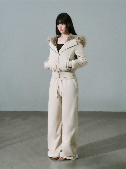 LOST FOREST - Milk Tea High-Waisted Fleece-Lined Sweatshirt Jacket