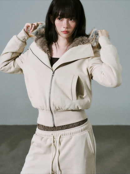 LOST FOREST - Milk Tea High-Waisted Fleece-Lined Sweatshirt Jacket