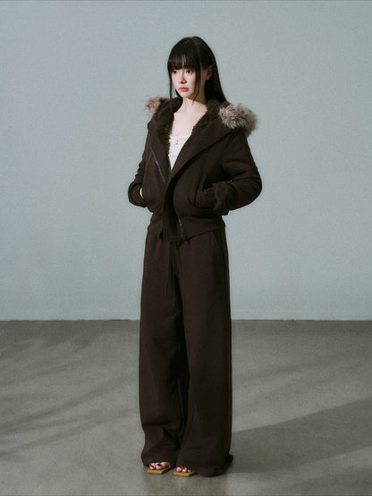 LOST FOREST - Dark Brown High-Waisted Fleece-Lined Sweatshirt Jacket