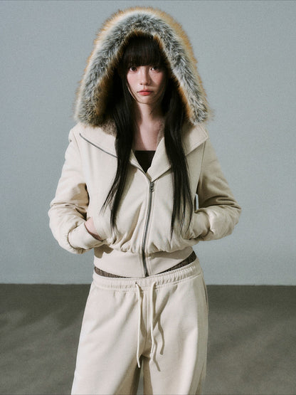 LOST FOREST - Milk Tea High-Waisted Fleece-Lined Sweatshirt Jacket