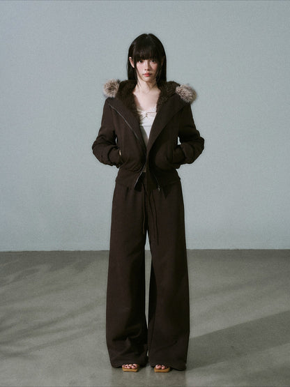 LOST FOREST - Dark Brown High-Waisted Fleece-Lined Sweatshirt Jacket