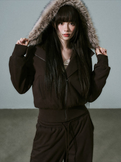 LOST FOREST - Dark Brown High-Waisted Fleece-Lined Sweatshirt Jacket