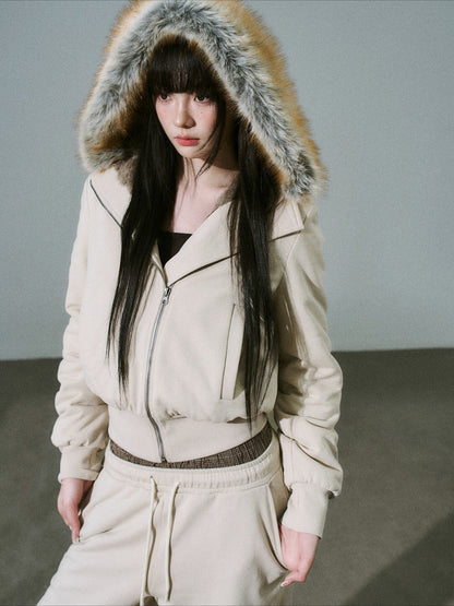 LOST FOREST - Milk Tea High-Waisted Fleece-Lined Sweatshirt Jacket