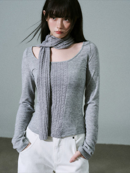 LOST FOREST - Cool Heather Gray Wide-Neck Long Sleeve Top with Cable-Knit Scarf