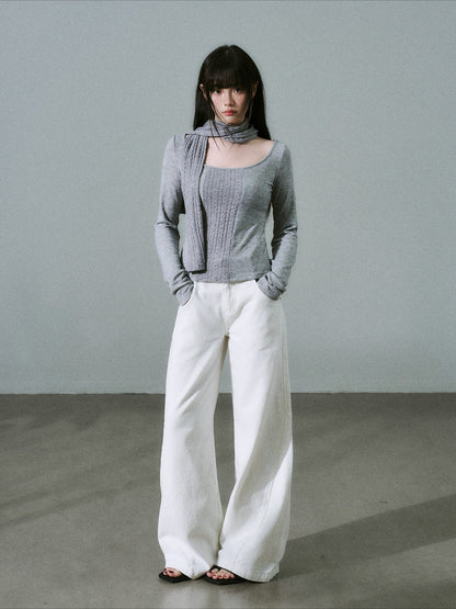 LOST FOREST - Cool Heather Gray Wide-Neck Long Sleeve Top with Cable-Knit Scarf