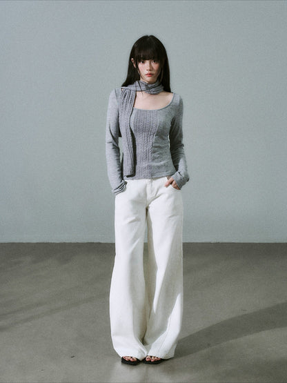 LOST FOREST - Cool Heather Gray Wide-Neck Long Sleeve Top with Cable-Knit Scarf