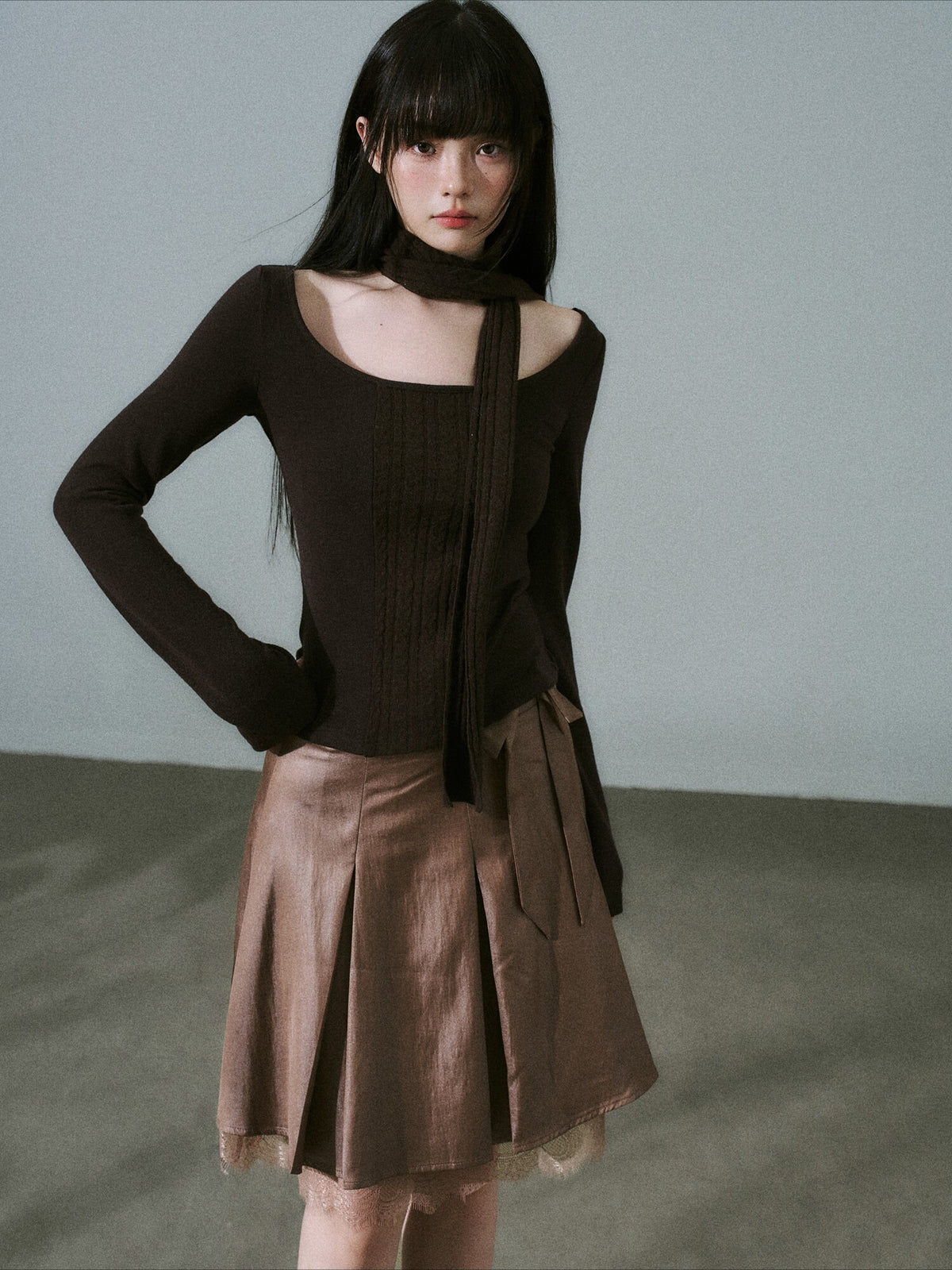 LOST FOREST - Purple Brown Wide-Neck Long Sleeve Top with Cable-Knit Scarf