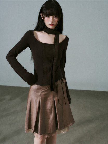 LOST FOREST - Purple Brown Wide-Neck Long Sleeve Top with Cable-Knit Scarf