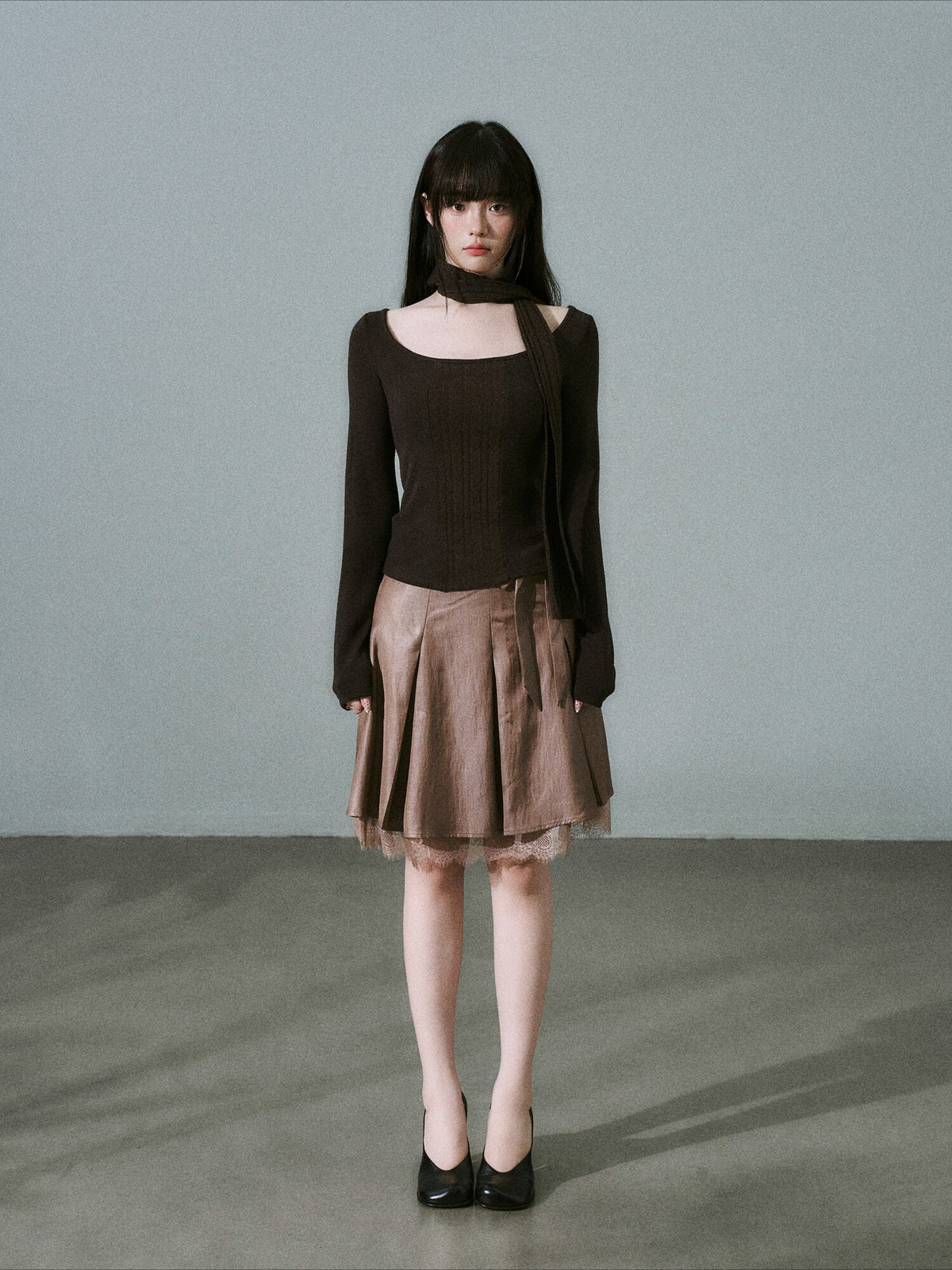LOST FOREST - Purple Brown Wide-Neck Long Sleeve Top with Cable-Knit Scarf